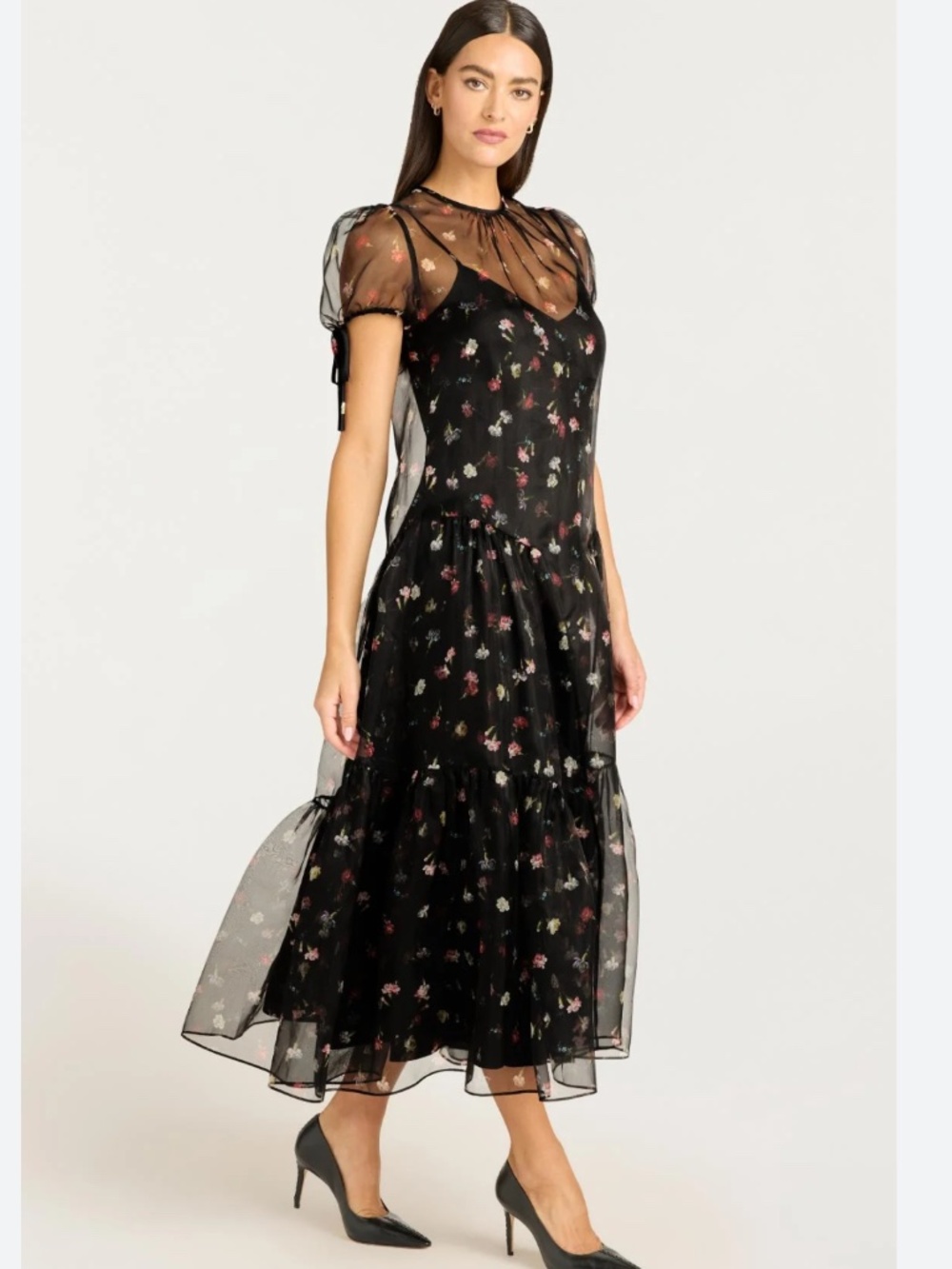 cinq a sept Black Midi Dress with Pink & Cream Floral Accents